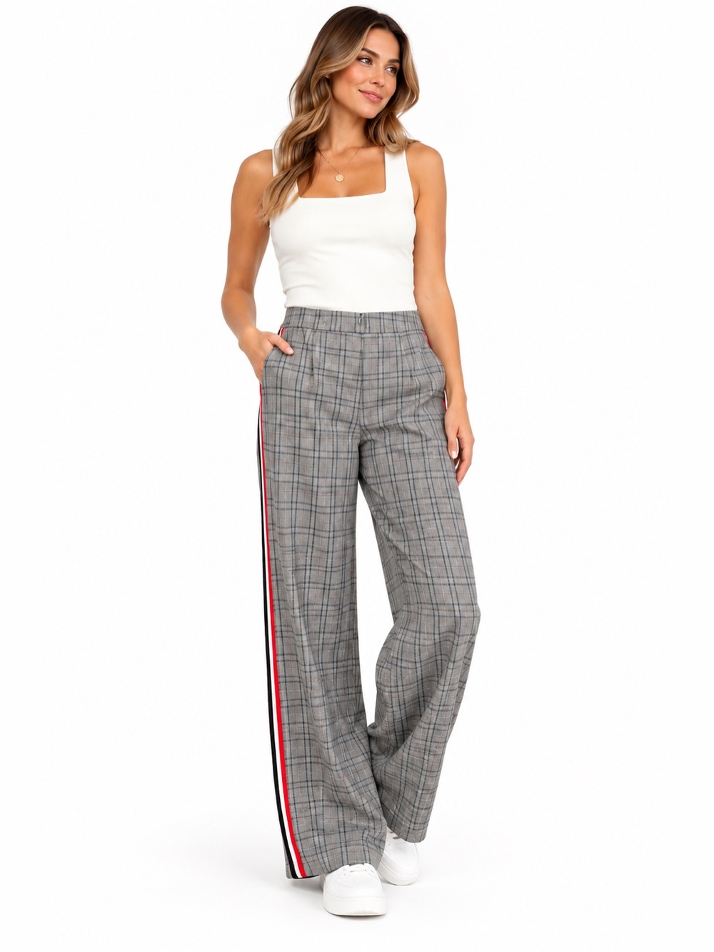 COMMENSE Gray Plaid Side Stripe Wide Leg Pants Medium NWT